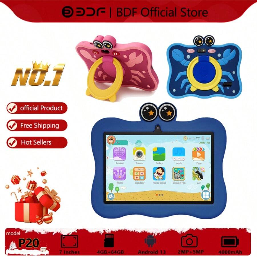 BDF 兒童電子學習平板玩具 7 吋平板 4GB RAM + 64GB ROM 4 核心 1.3GHz Android 13 1280x800 HD 解析度 IPS 螢幕 2MP+5MP 相機 4000mAh 大電池 支援 WiFi、家長控制、教育、遊戲 ABS 塑料 + 矽膠材質(包含:包裝盒 / 數據線 / 使用說明書 / OTG / SIM 卡退卡針) - 彩色 - 查看 1