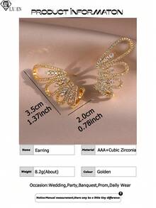 1pair Elegant Butterfly Wings Gold Plated Stud Earrings Fashion Cubic Zirconia Charm Earring For Women Birthday Wedding Copper Jewelry Decoration - Wing - View 4