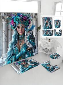 1/4pcs Diamond Crystal Queen Pattern Printed Waterproof Shower Curtain Set, Thick Polyester Anti-Mildew Bathroom Curtain With 12pcs Hooks, Non-Slip Mat, U-Shaped Mat And Round Toilet Lid Cover - A - View 4