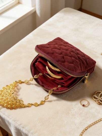 CASEGRACE 1pc Elegant Velvet Jewelry Bag With Zipper & Organizer Dividers, Cosmetic Pouch For Women, Jewelry Storage, Travel-Friendly Design, Makeup Travel Bag, Jewelry Organizer, Stylish Accessory, Durable Zipper Closure