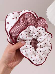 3条装女童酒红色发圈，波点、格子和蝴蝶结图案发绳，柔软雪纺和方格布面料，复古又充满女人味的春季发圈，适合日常造型和休闲外出。 - 彩色 - 查看 7