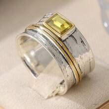 1枚极简复古双色宽边女士戒指，搭配绿色方形锆石，时尚珠宝，适合日常、节日和派对场合佩戴。 - 雙色 - 查看 5