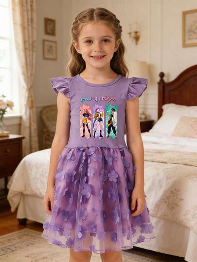Girls' Dress KPop Girls' Demon Dress Hunters Ruffled Sleeve Romper Princess Dress With Hunter Group Logo