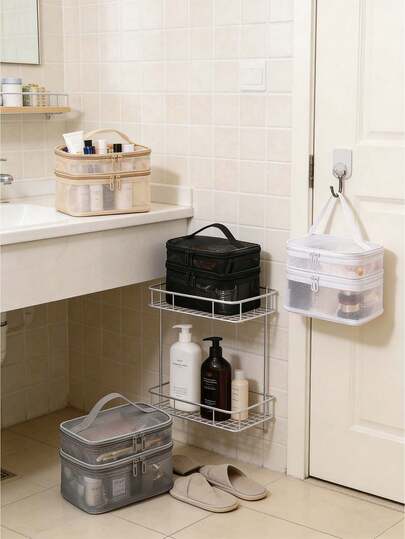 1pc New Mesh Cosmetic Bag, Large Capacity Travel Minimalist Portable Toiletry Organizer Bag With Double Layers