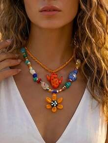 1件手工玻璃花仙人掌吊坠项链，波西米亚风女士首饰，夏季旅行 - 彩色 - 查看 1