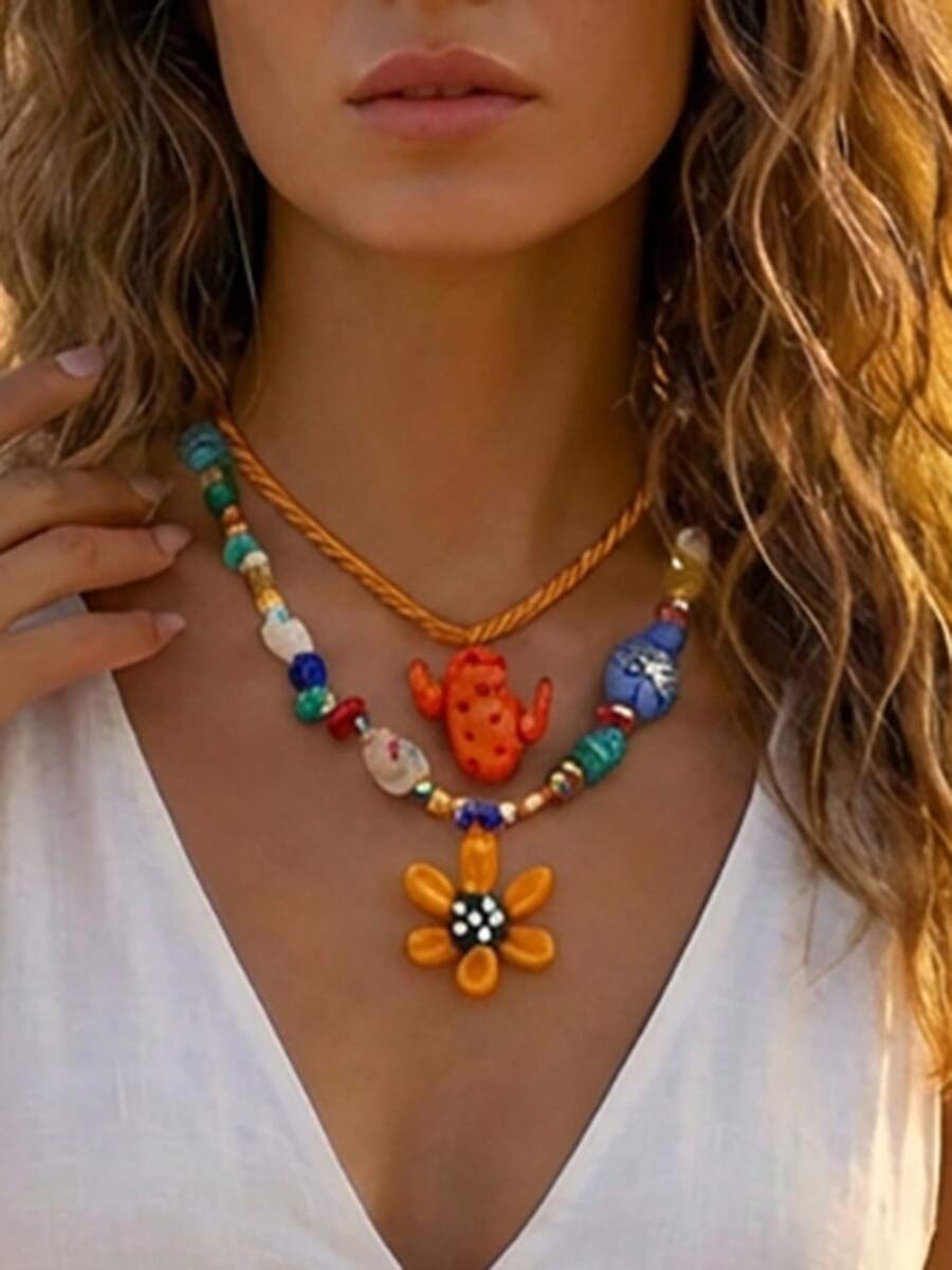 1件手工玻璃花仙人掌吊坠项链，波西米亚风女士首饰，夏季旅行 - 彩色 - 查看 1