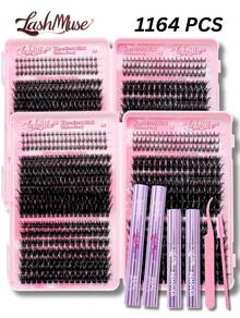 1164PCS/582PCS Lash Cluster Set, Individual Cluster Lashes, D Curl Effect DIY False Lashes, 80D100D120D150D Mixed Density, Includes Eyelash Glue, Tweezers, Remover, For Christmas, Halloween, Party, Daily Wear, Festive Glam Beauty,Individual Eyelashes - 粉色 - 查看 9