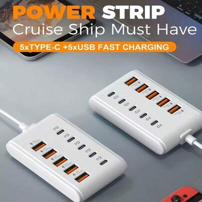 10-Port USB Charging Station - 5 Type-C PD + 5 USB-A Ports | Compact Design, Fast Charging, Power Adapter, Essential For Tech Enthusiasts, Workspace Organization, Space-Saving Charger, Stylish Hub, Reliable Adapter, 2026 New 10-Port Design: 5 Type-C PD And 5 USB-A Ports, Suitable For Laptops, Tablets And Various Devices. Compact Power Hub For Workspace, With Fast Charging Function, Must-Have For Tech Enthusiasts