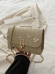 时尚草编单肩包，小方包配链条 - 卡其色 - 查看 5