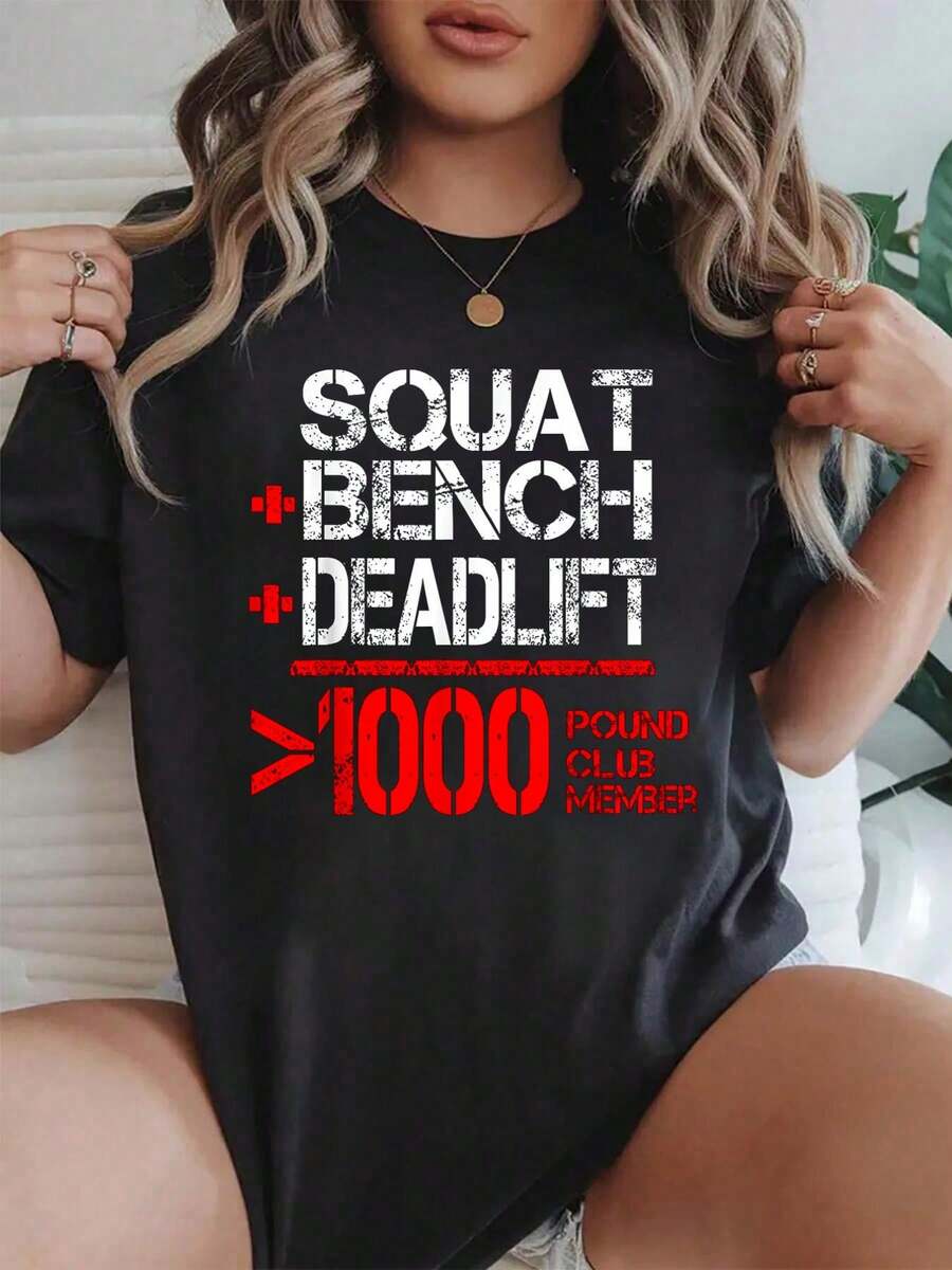 100% Cotton 1000 Pound Club Member Powerlifting T-Shirt Women Graphic T-Shirt Cotton Print Short Sleeve Casual Top, Summer Tee Womens Tops - Black - View 1