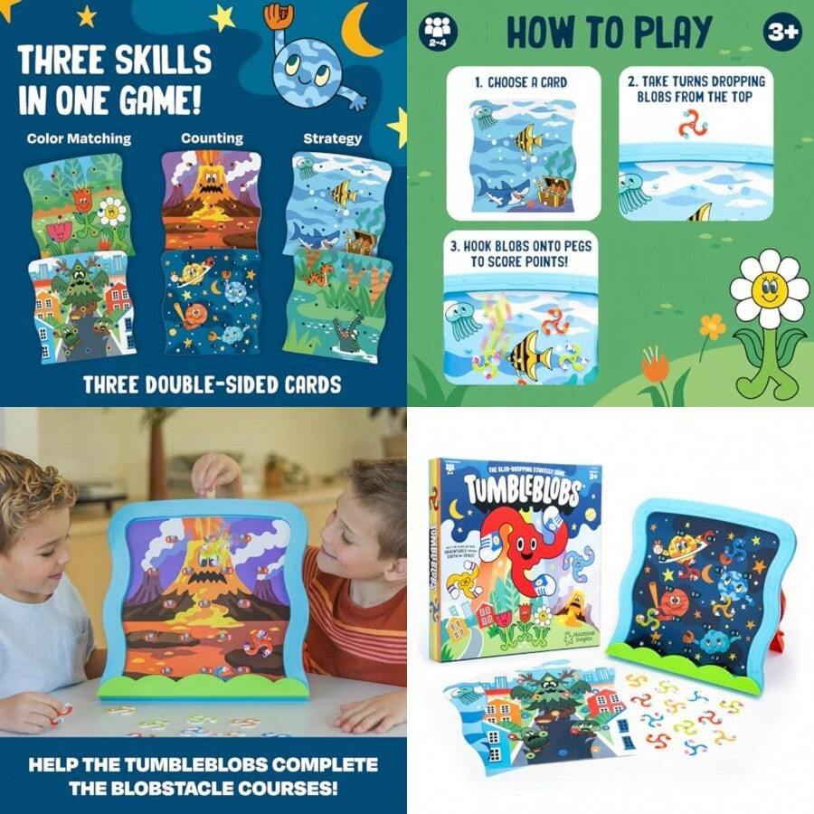 Tumbleblobs Blob-Dropping Strategy Game - Toddler Board Games For 1-2 Players Preschool Color Matching Memory Counting Activities Fine Motor Fun And Gifts For Ages 3+ - As Pic - View 1