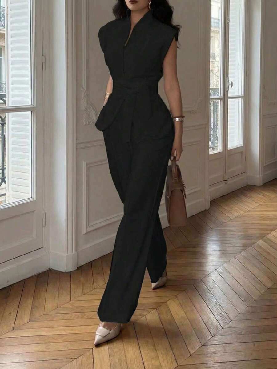 两件套优雅休闲通勤商务职场法式系带无袖背心上衣+宽松阔腿裤两件套西装，优雅女士套装，女士休闲套装，白色西装，白色裤子，白色上衣，女士夏季套装（黑色） - 黑色 - 查看 1