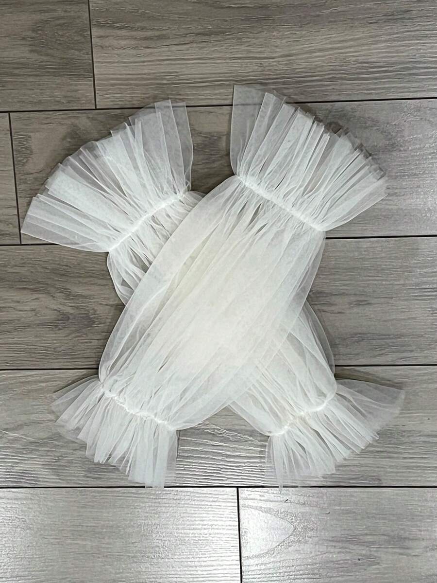 1pc White Minimalist Mesh Petal Sleeve, 2pcs Elastic Dark Bride Sleeve Cuffs, 40cm - Multicolor - View 1