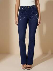 pthirillo Women's Dark Blue Flare Jeans With Butt-Lifting, High Waist, And Rhinestone Detail - Premium Rhinestone Jeans - 水鑽和串珠混合腰帶 - 查看 8
