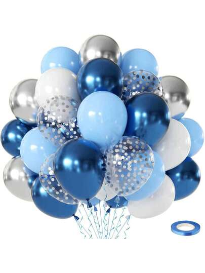 Blue White Silver Balloons Set, 50 Pcs 12 Inch Light Metallic Blue Sliver Balloon Navy Dark Royal Blue With Confetti Balloons For Birthday Graduation Wedding Party Decoration