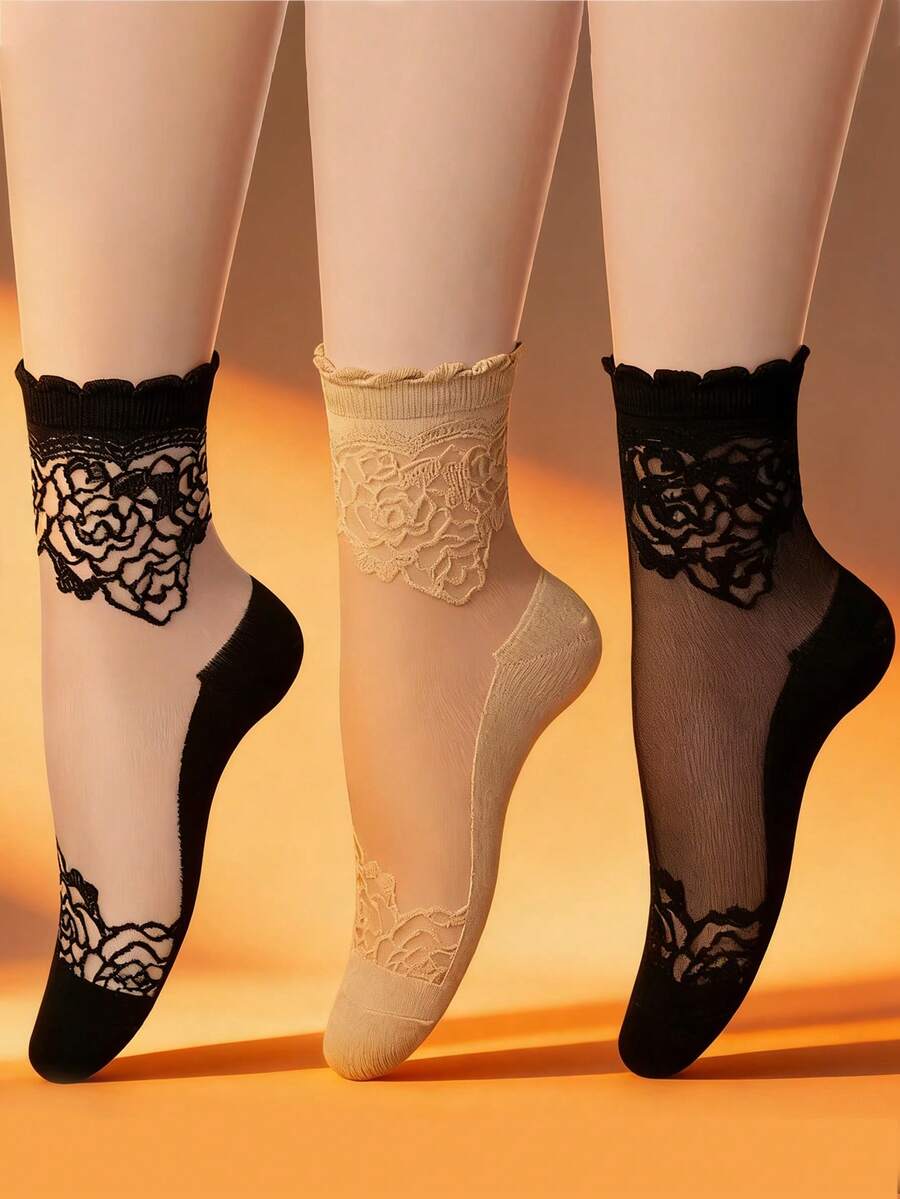 1/2/3 Pairs Crystal Silk Stockings, Lace Trim Women Thin Transparent Mesh Socks, Korean Style Anti-Snag - Multicolor - View 1