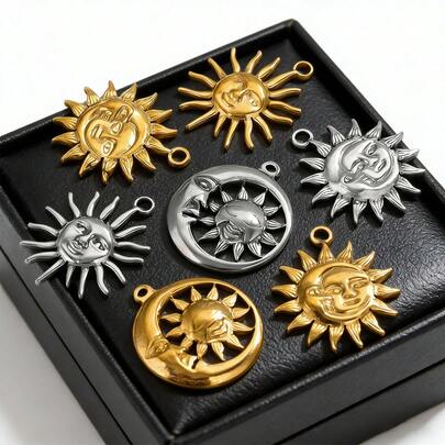 2pcs Stainless Steel Fashionable Sun And Moon Pendants, Suitable For Earrings, Necklaces, Bracelets, And DIY Jewelry Making Accessories For Home Handicrafts, Perfect For Ladies To Wear