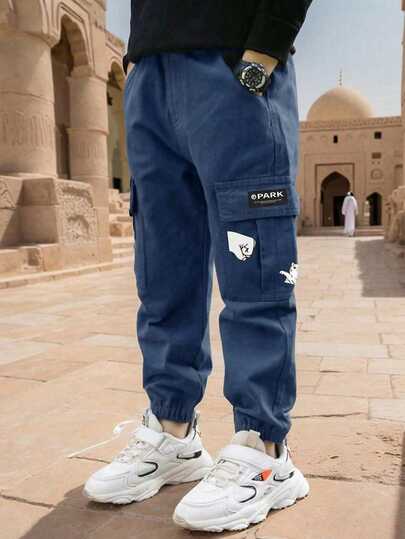 1pc Tween Boy Casual Outdoor Pocket Cartoon Print Cargo Pants, Suitable For Spring, Summer, Autumn