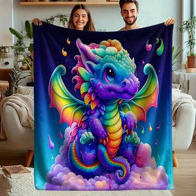 1 pieza Manta con estampado de dragón colorido, estilo encantador, manta suave y acogedora de franela y felpa, adecuada para decorar el sofá y la cama