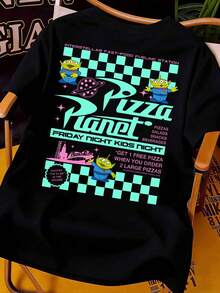 Disney Stylish And Casual Men's Crew Neck Short-Sleeved Shirt With A Toy Story Pizza Planet Three-Eyed Mike Print. A Preppy Style Loose-Fitting T-Shirt For Couples, Made Of 100% Pure Cotton, Comfortable And Soft, Suitable For Everyday Wear, Outings, Parties, Work, And Commuting. - Black - View 3