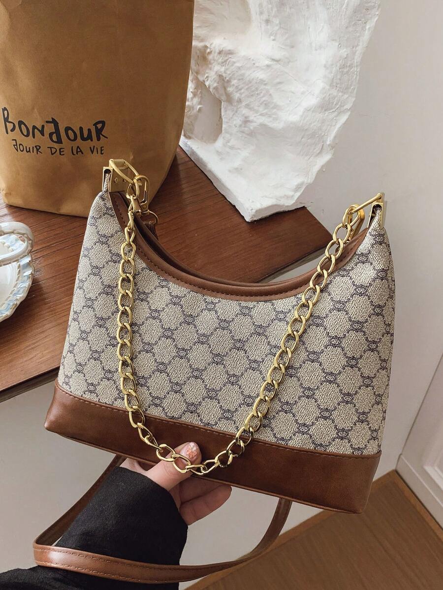 Luxury Retro Printed Commuter Chain Shoulder Bag, New Hobo Crossbody Bag For Women, Ample Capacity For Daily Commute And Shopping - Khaki - View 1