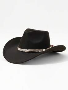 1pc Unisex Metal Leaf Cowboy Hat, Faux Felt Cowboy Hat, American Soft Felt Hat, Outdoor Wide Brim Cowboy Hat With Strap - Top Hat - View 12