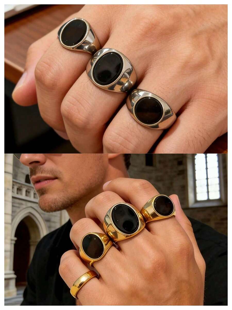 1 pieza Anillo de hombre minimalista casual ovalado, redondo, con diamante de imitación negros, hecho de acero inoxidable 316, chapado en oro de 18K por dentro y por fuera, impermeable e hipoalergénico, adecuado para hombres con estilo minimalista clásico - Anillos ovalados/redondos para hombre - Ver 1