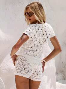 Women's White Hollow-Out Knit Top And Shorts Set - White - View 7