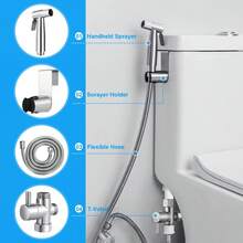 1 Set Stainless Steel High Pressure Bidet Sprayer, Classic Toilet Faucet Companion, Bathroom Toilet Spray Cleaning Gun With Hose And T-Adapter, Water-Saving Handheld Bidet Sprayer - G1/2 - View 2