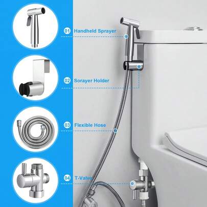 1 Set Stainless Steel High Pressure Bidet Sprayer, Classic Toilet Faucet Companion, Bathroom Toilet Spray Cleaning Gun With Hose And T-Adapter, Water-Saving Handheld Bidet Sprayer