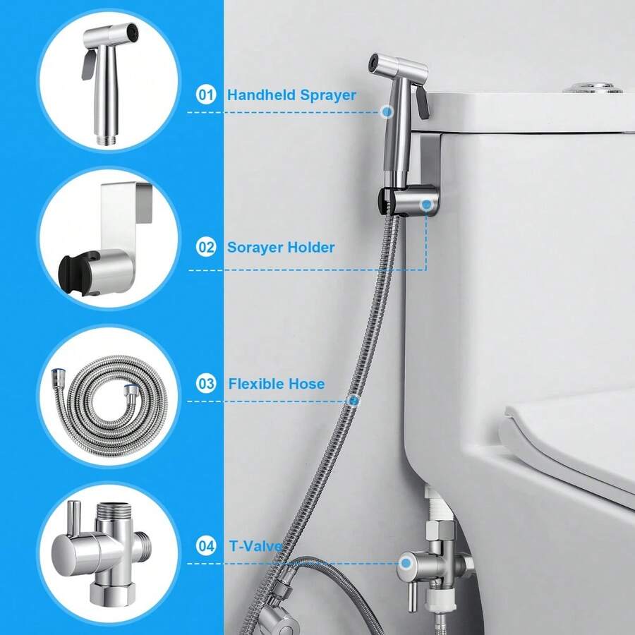 1 Set Stainless Steel High Pressure Bidet Sprayer, Classic Toilet Faucet Companion, Bathroom Toilet Spray Cleaning Gun With Hose And T-Adapter, Water-Saving Handheld Bidet Sprayer