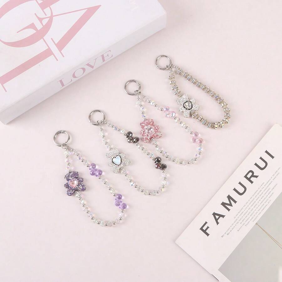 4 Pieces Of Alloy Cartoon Teddy Bear Mobile Phone Lanyard Bead With High-End Feel, Hand-Held Phone Chain, Keychain, Hanging Chain, Bag Pendant - Multicolor - View 1