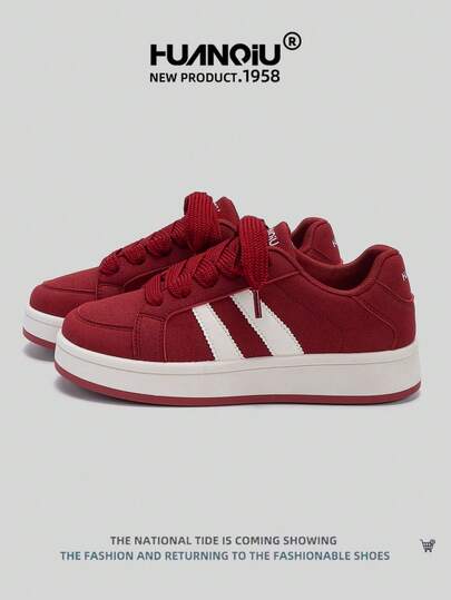HUANQIU 2026新款女鞋，女式滑板鞋，时尚透气舒适系带设计，适合居家办公穿着，德信鞋，轻便舒适系带设计，软底运动鞋，增高休闲鞋，跑步鞋，红白配色，四季皆宜