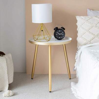 Round Metal Side Table With Tray Top 41.5x46.5cm – Modern Gold End Table For Living Room, Bedroom & Balcony, Small Accent Bedside Table For Compact Spaces