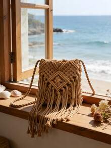 1pc Minimalist Vacation Style Fashion Straw Tassel Shoulder Bag, Chic Small Casual Lightweight Crossbody Bag, Versatile Beach Bag & Daily Commute Tote For Women, Made Of Polyester - Khaki - View 1