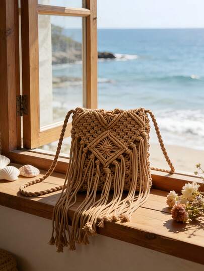 1pc Minimalist Vacation Style Fashion Straw Tassel Shoulder Bag, Chic Small Casual Lightweight Crossbody Bag, Versatile Beach Bag & Daily Commute Tote For Women, Made Of Polyester