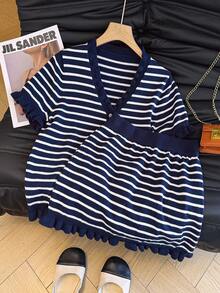 Summer Minimalist Ruffled Hem Button-Up Cardigan & Fitted Waist Skirt 2-Piece Set, Casual Elegant - Royal Blue - View 4