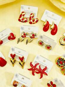 14 piezas/7 pares de elegantes y de moda pendientes de acero inoxidable - con varios diseños como en forma de corazón y estrella de mar, adecuados para uso diario/vacaciones de las mujeres, y también una opción ideal para regalo - Multicolor - Ver 2