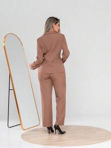 Elegant Twill Jacket And Trouser Set C3035 - Mocha Brown - View 4