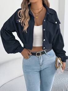 休闲个性街头风灯笼袖灯芯绒短外套，秋/春季 - 藏蓝色 - 查看 4