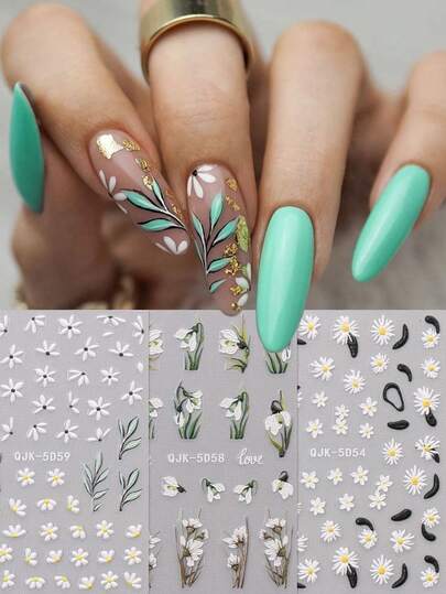 3片白色和绿色雏菊5D立体美甲贴纸 - 花卉雪花和LOVE字母美甲贴花，适合春季、复活节、婚礼、约会之夜DIY美甲