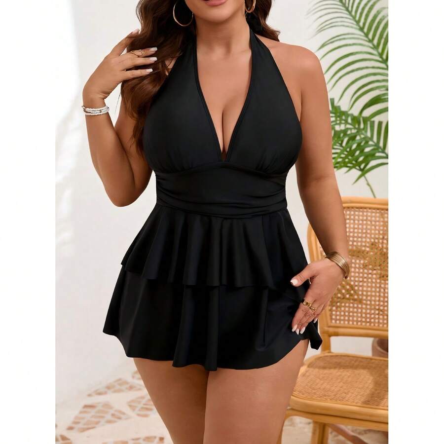 Plus Size Swim Dress For Women Sleeveless Halter Swimsuit Ruffle Layered Bathing Suit Tummy Control Swimwear For Teens Girls - Multicolor 94 - View 1