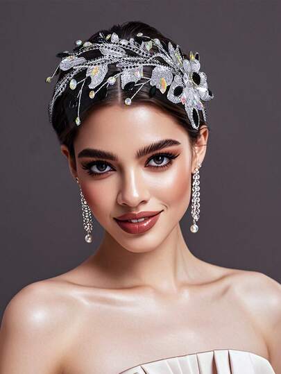 1pc Beautiful And Luxurious Women's Headpiece, Rhinestone Headband, Three-Layer Rhinestone Widened Headband, Bridal Headpiece, Wedding Banquet And Ball Hair Accessories, Dress Up Hair Accessories, Wedding Accessories, Black Headband, Spring And Summer Hair Accessories