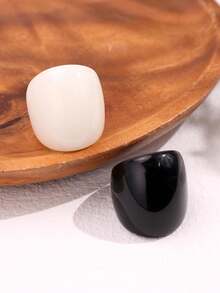 2pcs/Set Black & White Geometric Oversized Oval Resin Rings, Minimalist Elegant Women Daily Casual Jewelry, Versatile For Holiday Party - Multicolor - View 6