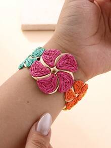 1pc Handmade Exaggerated Floral Paper Yarn Woven Bracelet, Versatile Boho Style Adjustable Cuff Suitable For Vacation, Party, Market, Afternoon Tea And Daily Wear - Multicolor - View 8