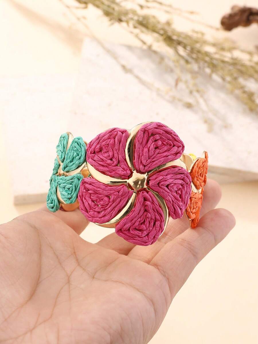 1pc Handmade Exaggerated Floral Paper Yarn Woven Bracelet, Versatile Boho Style Adjustable Cuff Suitable For Vacation, Party, Market, Afternoon Tea And Daily Wear - Multicolor - View 1
