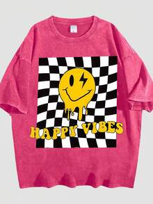 Black Vintage Washed Smi Ley Face T-Shirt | Pink Checkered Grid Graphic Tee | 100% Cotton Oversized Streetwear - Hoa hồng đỏ 03 - Xem 1