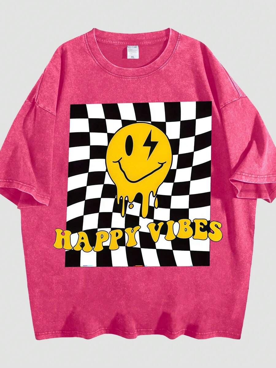 Black Vintage Washed Smi Ley Face T-Shirt | Pink Checkered Grid Graphic Tee | 100% Cotton Oversized Streetwear - Hoa hồng đỏ 03 - Xem 1