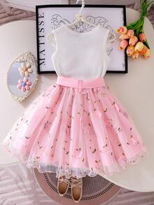 2pcs Young Girl Elegant Big Floral Sleeveless Top + Embroidered 3D Flower Mesh Princess Dress With Belt Summer Outfit - White - View 2