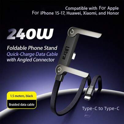 W&O Cable de carga rápida de 240W con soporte de metal de aleación, cable de datos USB C a USB C con soporte invisible, cable de datos USB C plano y cable de datos USB C trenzado adecuado para juegos, ver videos y cargar el teléfono simultáneamente, compatible con iPhone 15 17 Series, Galaxy S25 S24 Ultra y talla grande, regalo de cumpleaños